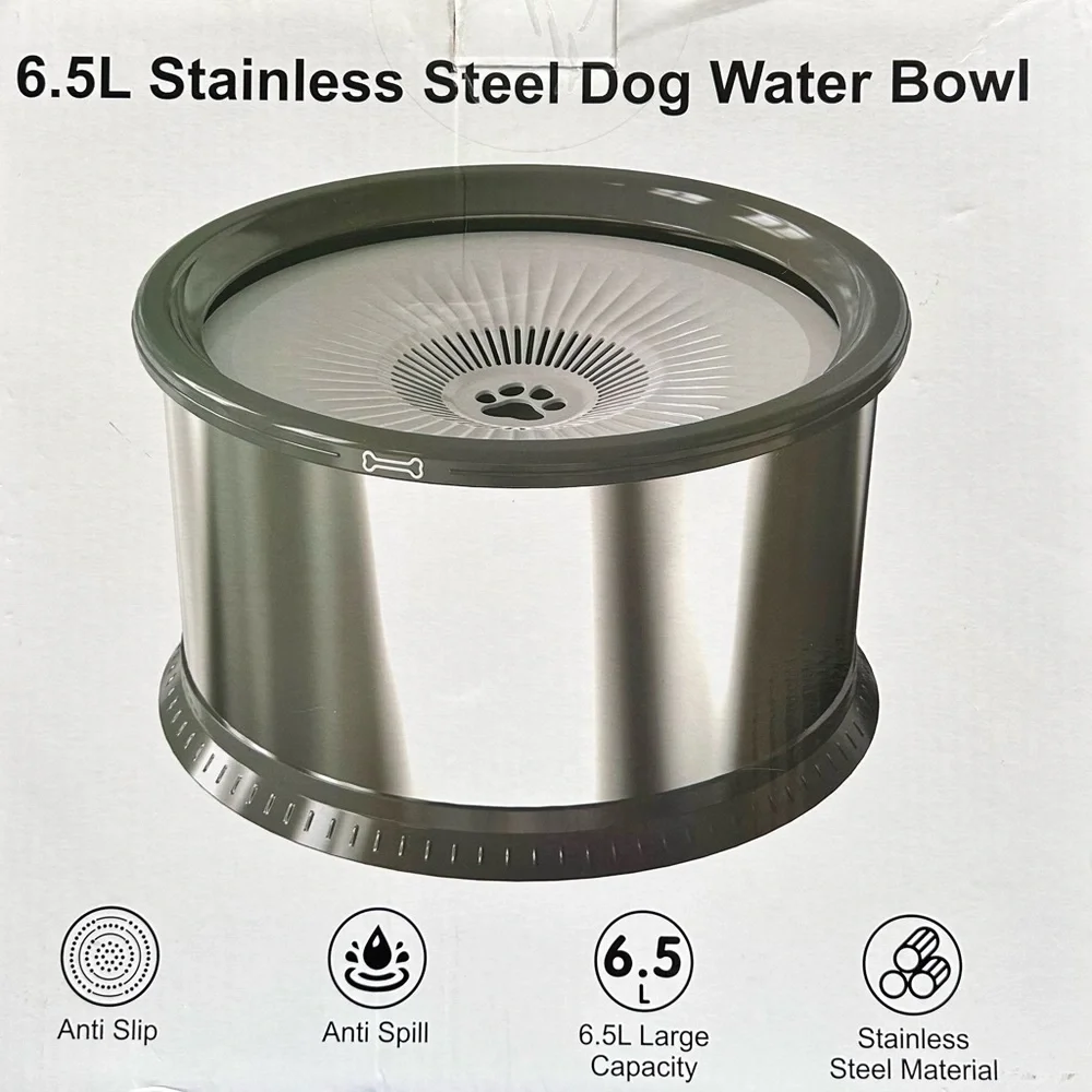 6.5L Stainless Steel Dog Water Bowl with Anti-Spill Rim - Gray
